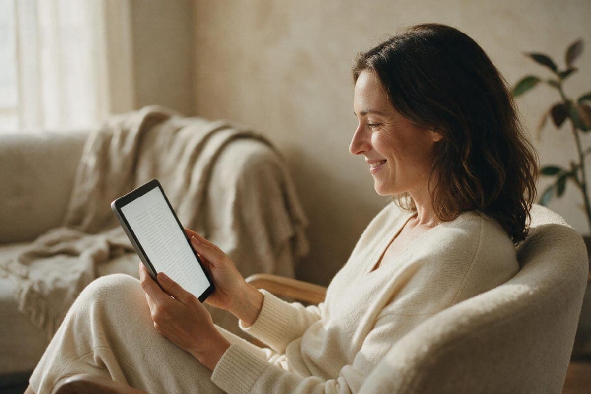 Una mujer leyendo cómodamente un libro en su tablet, en el living de su casa